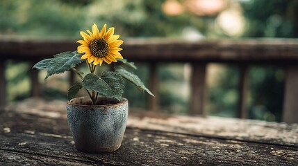Small sunflower plant in a rustic pot on a wooden surface.