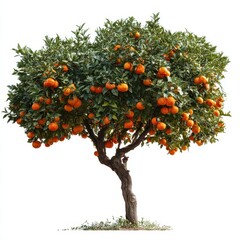 Lush Orange Tree with Bright Citrus Fruits Against White Background