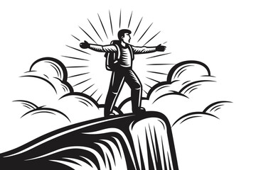 Silhouette Hiker with Backpack Reaching Summit in Success Vector, white background