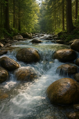 Tranquil Forest Stream Flowing Over Rocks in a Serene Natural Landscape