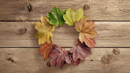 Fototapeta premium Colorful autumn leaves arranged in a circle on a rustic wooden surface, showcasing the transition of seasons and natural beauty