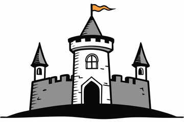 Obraz premium Simple Castle With Orange Flag On A White Background Design