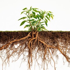 Young Plant with Exposed Roots on White Background Showing Growth