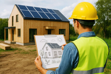 Architect reviewing solar house plans with a wooden house and solar panels in background drawing
