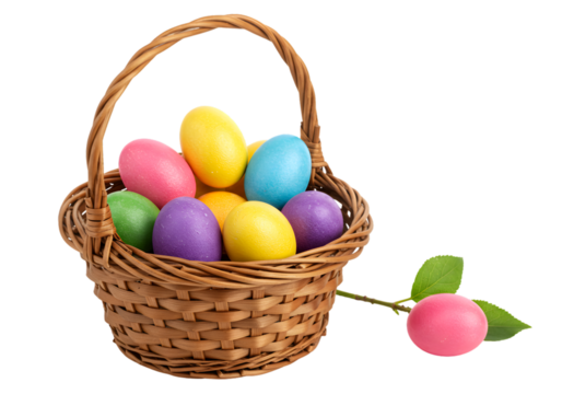 Colorful Easter Eggs in Woven Basket Spring Holiday Celebration on transparent background - Powered by Adobe