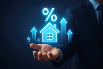 Businessman holding glowing house symbol with rising percentage arrows Keywords: real estate, housing market, interest rates, mortgage, property, investment, growth, finance, economy, rising