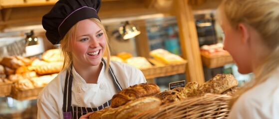 Friendly female bakery staff serving fresh bread and pastries to cheerful customer in a cozy bakery shop du day