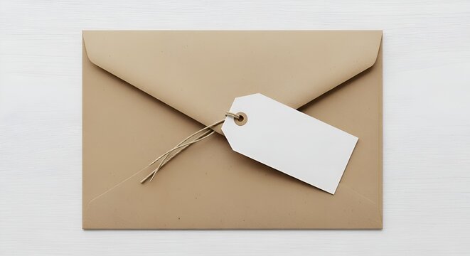 Elegant kraft envelope with blank white tag for your personalized message or invitation design