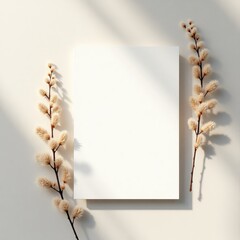 A blank white card is placed on a white surface with two branches of flowering pussy willow plants invitation card mockup