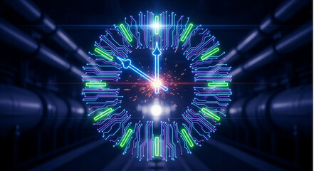 Digital clock with circuit board design and glowing hands in a futuristic tunnel setting