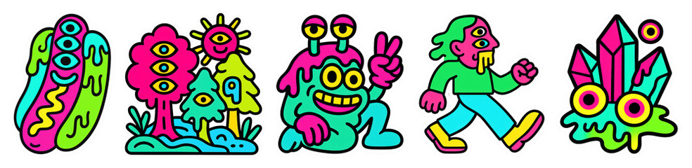 PNG Colorful quirky cartoon character designs, element set on transparent background