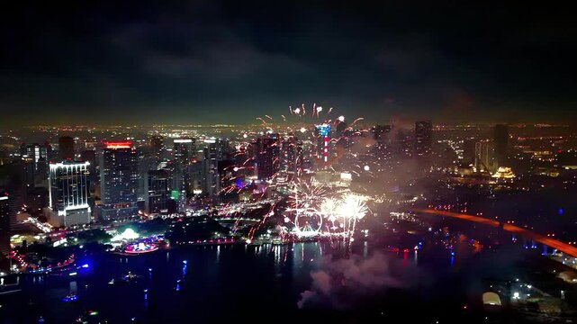 Drone view of a firework finale where explosive patterns bloom in radiant symmetry against a backdrop of shimmering city illumination.