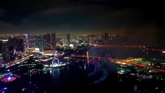 Drone footage highlights radiant fireworks erupting in synchronized patterns, lighting up the horizon with glowing energy and reflections.