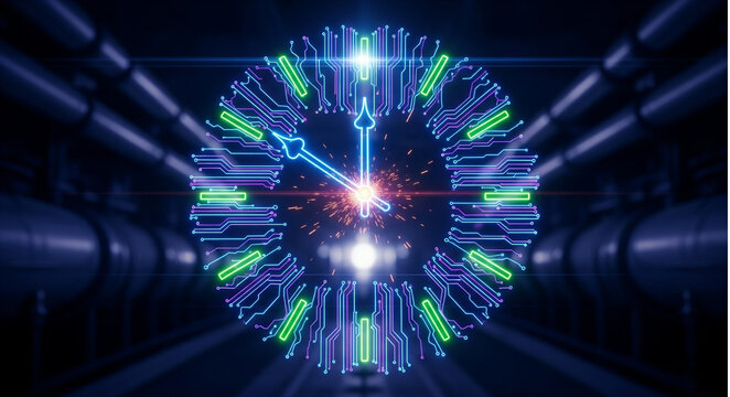 Digital clock with circuit board design and glowing hands in a futuristic tunnel setting