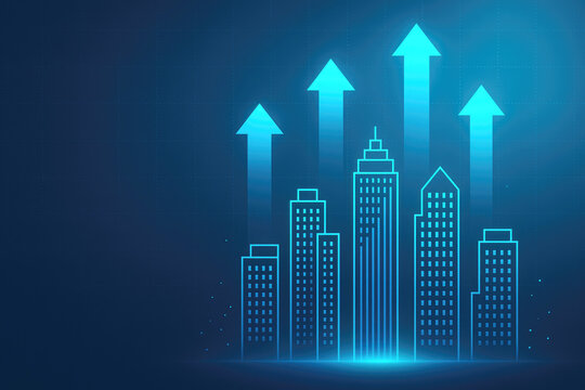 Digital illustration of glowing blue city skyline with upward arrows representing growth buildings architecture