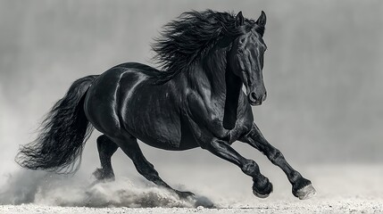 Obraz premium Black stallion galloping with power and grace on sandy ground