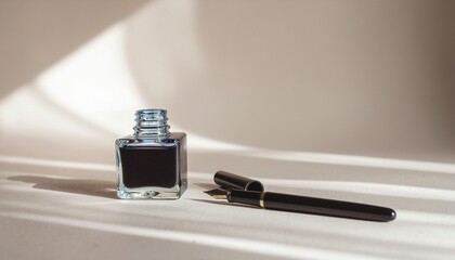 Elegant fountain pen and inkwell, minimalist style.
