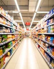 A wide-angle view of a supermarket aisle filled with various products neatly displayed on shelves. Bright lighting enhances the colorful packaging of food, beverages, and household items.