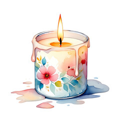 Vibrant Floral Candle Watercolor Painting of a Burning Candle on transparent background