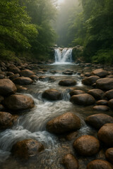 Peaceful Waterfall Surrounded by Forest Rocks in a Serene Nature Setting
