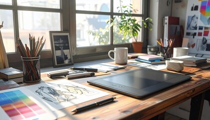 Creative Workspace: Designer's Desk with Graphic Tablet and Art Supplies