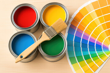 Four open paint cans with red blue yellow green colors and a paintbrush next to a color swatch fan image
