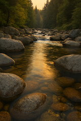 Tranquil Forest River at Sunset with Gentle Ripples Over Rocks