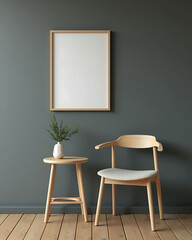 Modern scandinavian interior design mockup featuring a blank wooden framed picture on a dark gray wall next to a light wood chair and side table.