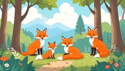Cute fox family in a forest