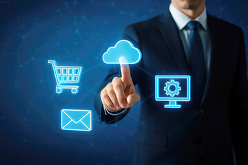 Man in suit interacting with digital interface showing cloud computing and business icons businessman
