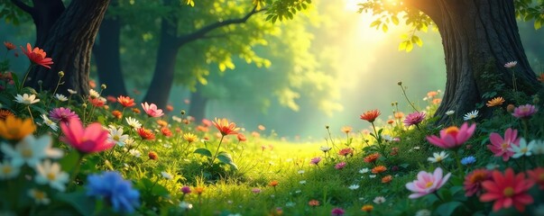 Magical Sun-Dappled Forest Clearing Vibrant Wildflowers and Sparkling Dew Drops