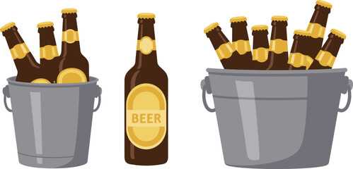 buckets filled with bottles of beer and one bottle standing