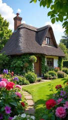 Idyllic Thatched Cottage in Vibrant English Garden Blooming Flowers, Lush Greenery, Perfect for Travel, Home, and Real Estate