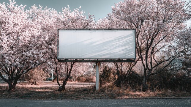 Empty billboard amidst blossoming trees - Powered by Adobe