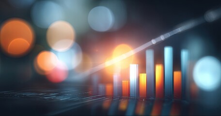 Abstract graphic of a rising bar graph against a blurred city night background
