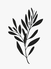 Fototapeta premium Elegant black silhouette of an olive branch against a minimalist white background