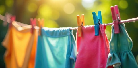 Vibrant Clothespins Secure Sun-Drenched Laundry on a Rustic Line - A Classic Summer Scene