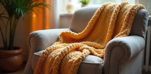Cozy Knitted Blanket Draped on Plush Armchair, Soft Lighting Creates Inviting and Relaxing Atmosphere Perfect for a Nap. Warm Textures and Colors Evoke Comfort.