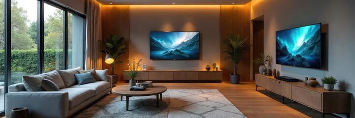 Relaxing Modern Living Room with Smart Home Integration Renovated Space, Stylish Decor, Ambient Lighting