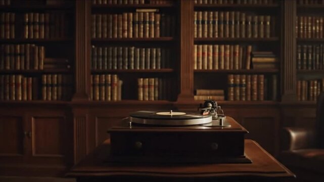 An antique gramophone for music is isolated on a table with old literature books from a library bookshelf