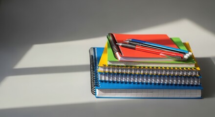 Colorful stack of notebooks and pencils, ideal for school supplies, stationery, and backtoschool themes