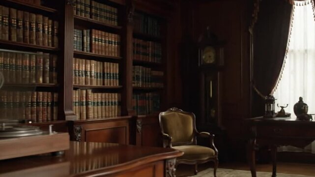An antique gramophone for music is isolated on a table with old literature books from a library bookshelf