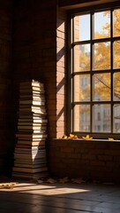Autumnal window view with books and falling leaves creating a cozy atmosphere indoors