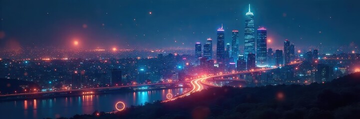 Futuristic Nightscape Glowing Orbs Illuminate a Global Wireless Network, Representing Seamless Data Flow and High-Tech Global Communication