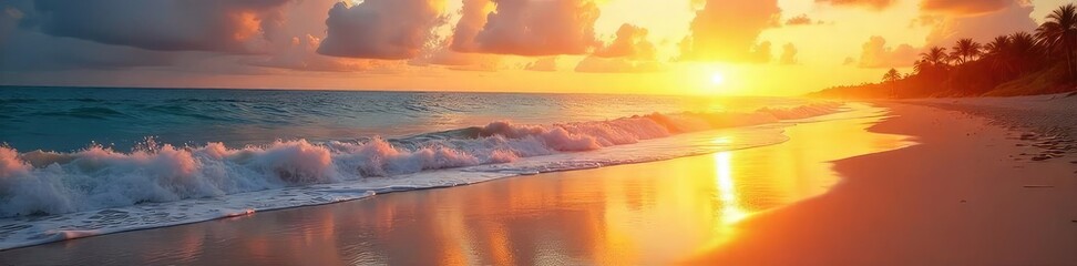 Serene Sunrise Beach Golden Hour Light Bathes Tranquil Waves on Sandy Shore, Vibrant Sky, Perfect for Travel and Vacation Themes