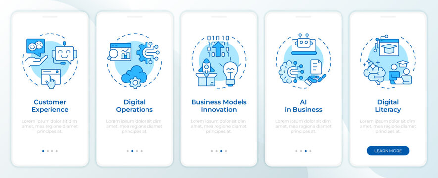 Digital transformation examples blue onboarding mobile app screen. Walkthrough 5 steps editable graphic instructions with linear concepts. UI, UX, GUI. Montserrat SemiBold, Regular fonts used
