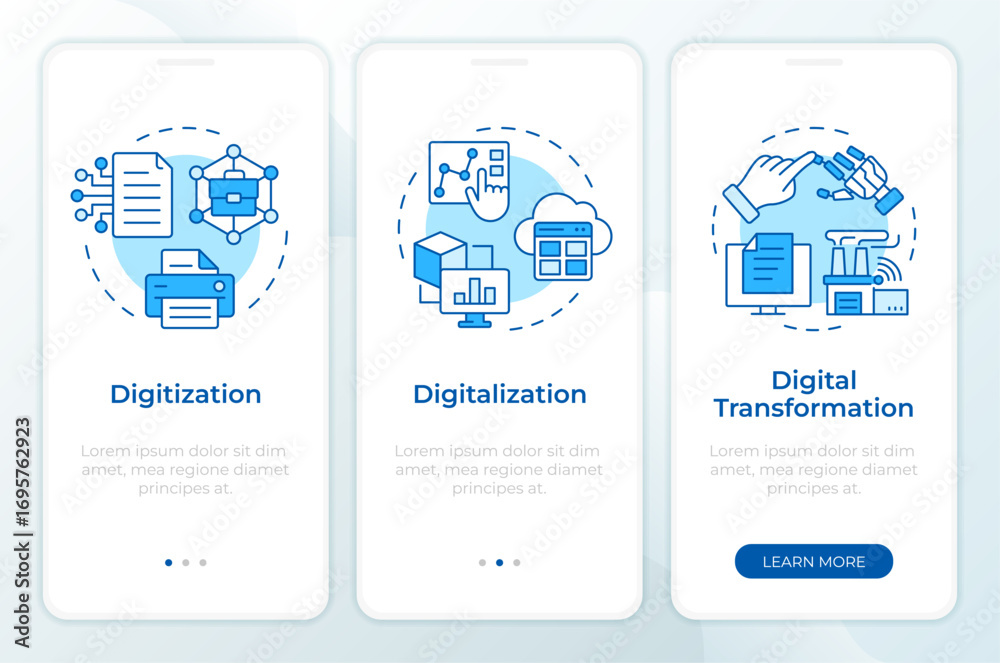 Poster digital practices blue onboarding mobile app screen. statistical analysis. walkthrough 3 steps edita