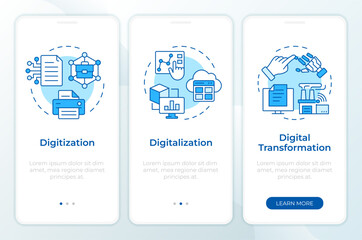 Digital practices blue onboarding mobile app screen. Statistical analysis. Walkthrough 3 steps editable graphic instructions with linear concepts. UI, UX, GUI. Montserrat SemiBold, Regular fonts used
