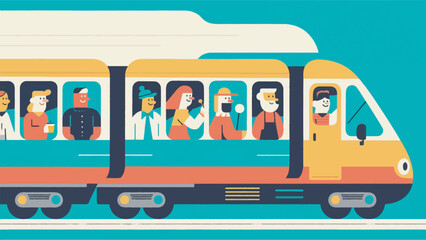 illustration of an express train carriage filled with different characters vector design template