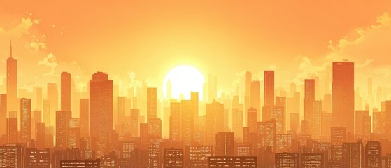 Fototapeta premium Vibrant Golden Sunrise Over Modern City Skyline with Tall Skyscrapers and Clear Sky in Warm Morning Light
